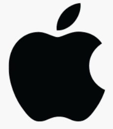 The Apple logo, a solid black apple with a bite out of the right side and a leaf above it