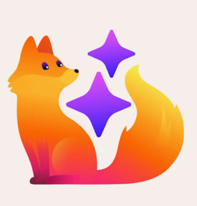 A stylised orange fox curled around two purple sparkles, the Firefox mascot