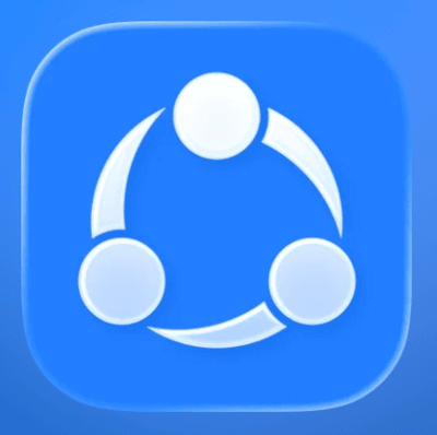 The SHAREit app icon, three white circles joined by curved arcs on a blue rounded square