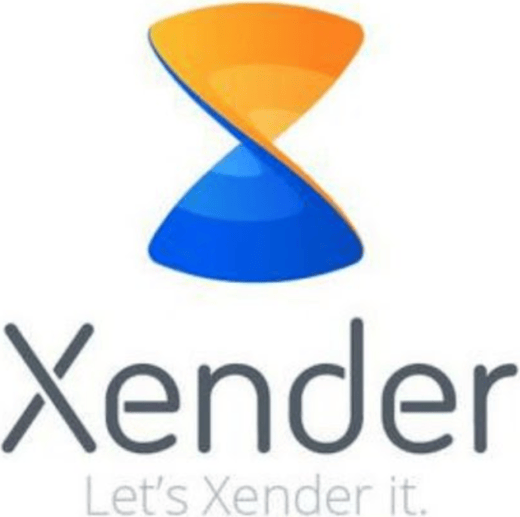 Xenderのロゴ。オレンジと青のねじれた砂時計の形の下にXenderの文字がある