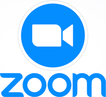 Zoomのロゴ。円の中に青いビデオカメラのアイコンがあり、その下にZoomの文字