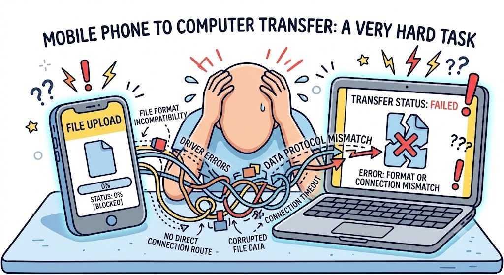 Illustration of how tangled and error-prone getting a scanned file from a phone onto a computer can be